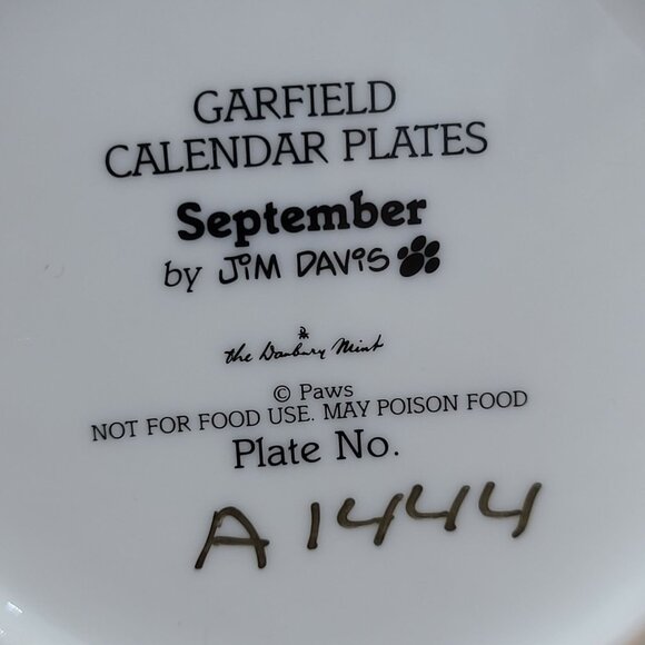 Garfield Calendar September Plate Jim Davis Plate No A 1444 Danbury Mint - Picture 7 of 14